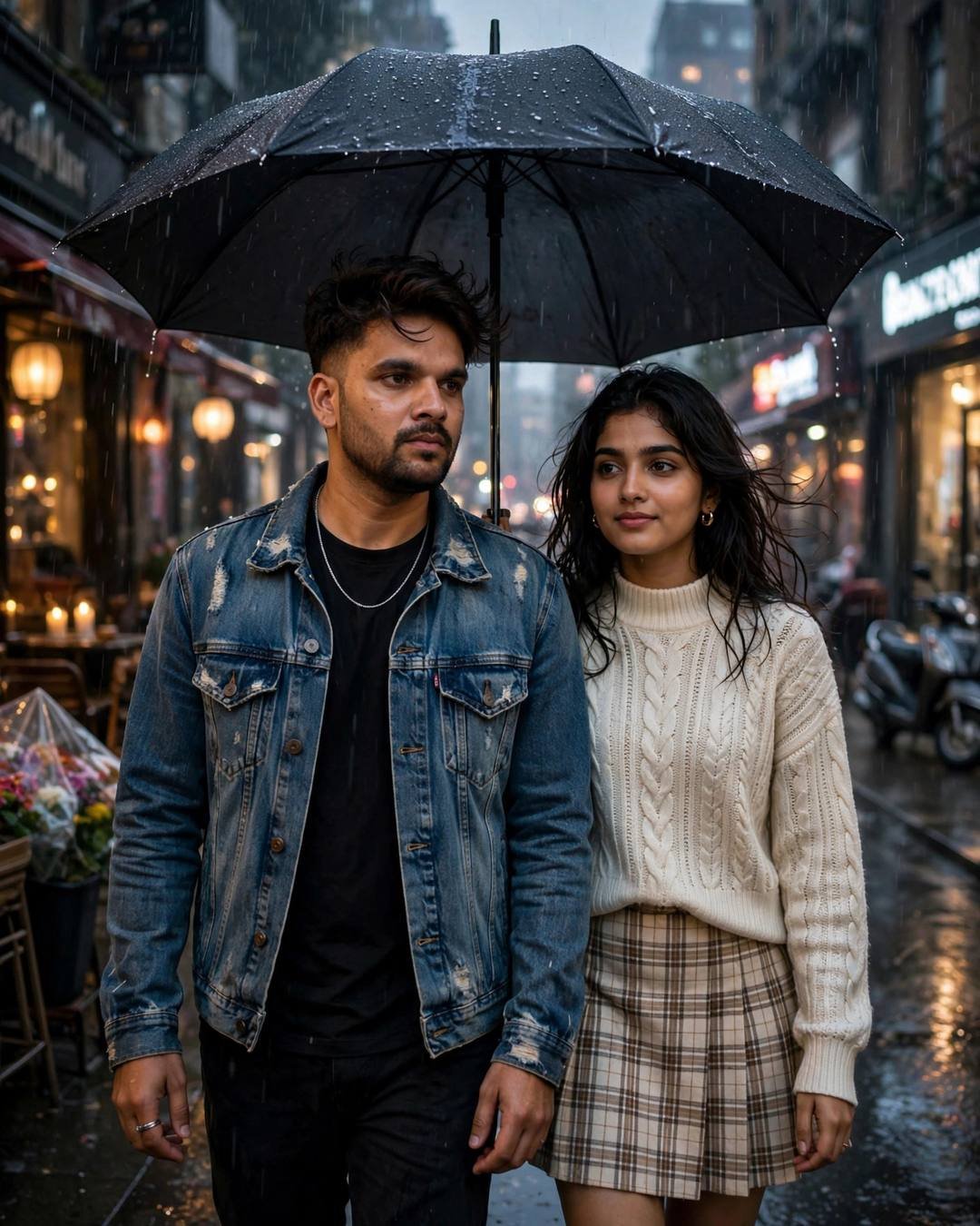 Young Indian couple walking side by side under one black umbrella on a rain-soaked city street at dawn