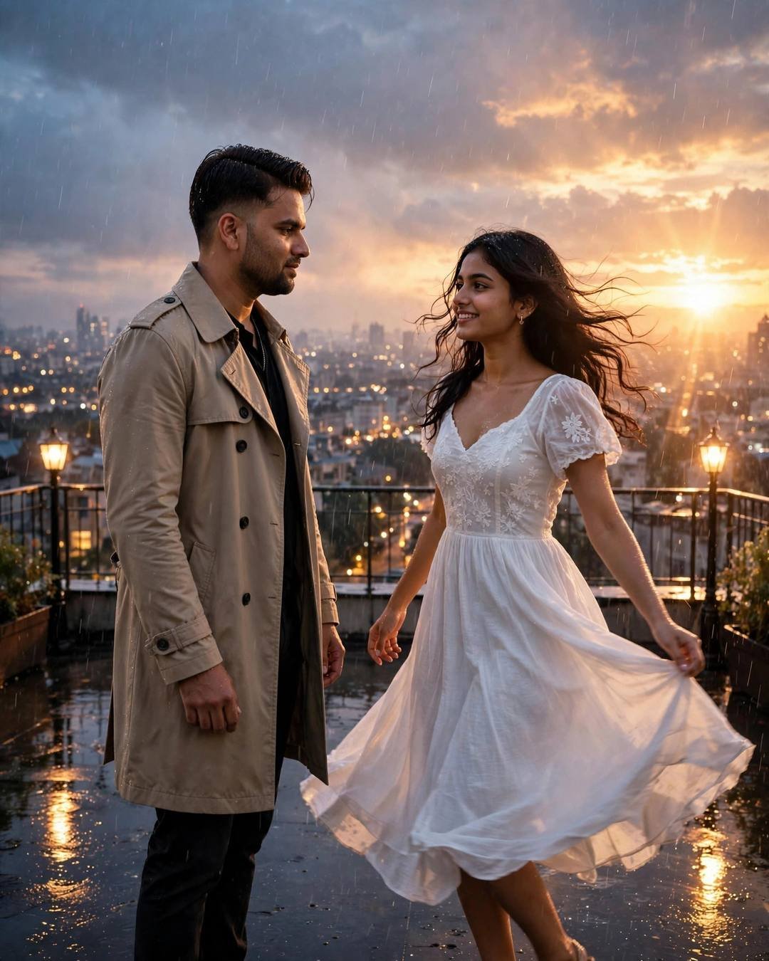 Couple slow dancing on a rainy rooftop at golden hour, man in trench coat, woman's white dress spinning