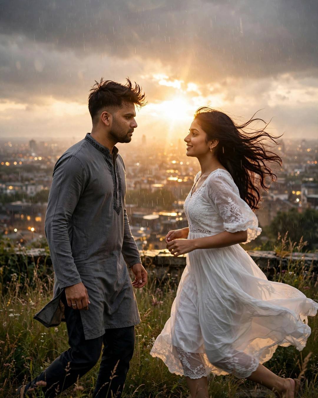 Couple running toward each other on a rooftop in golden rain, sunburst breaking through storm clouds