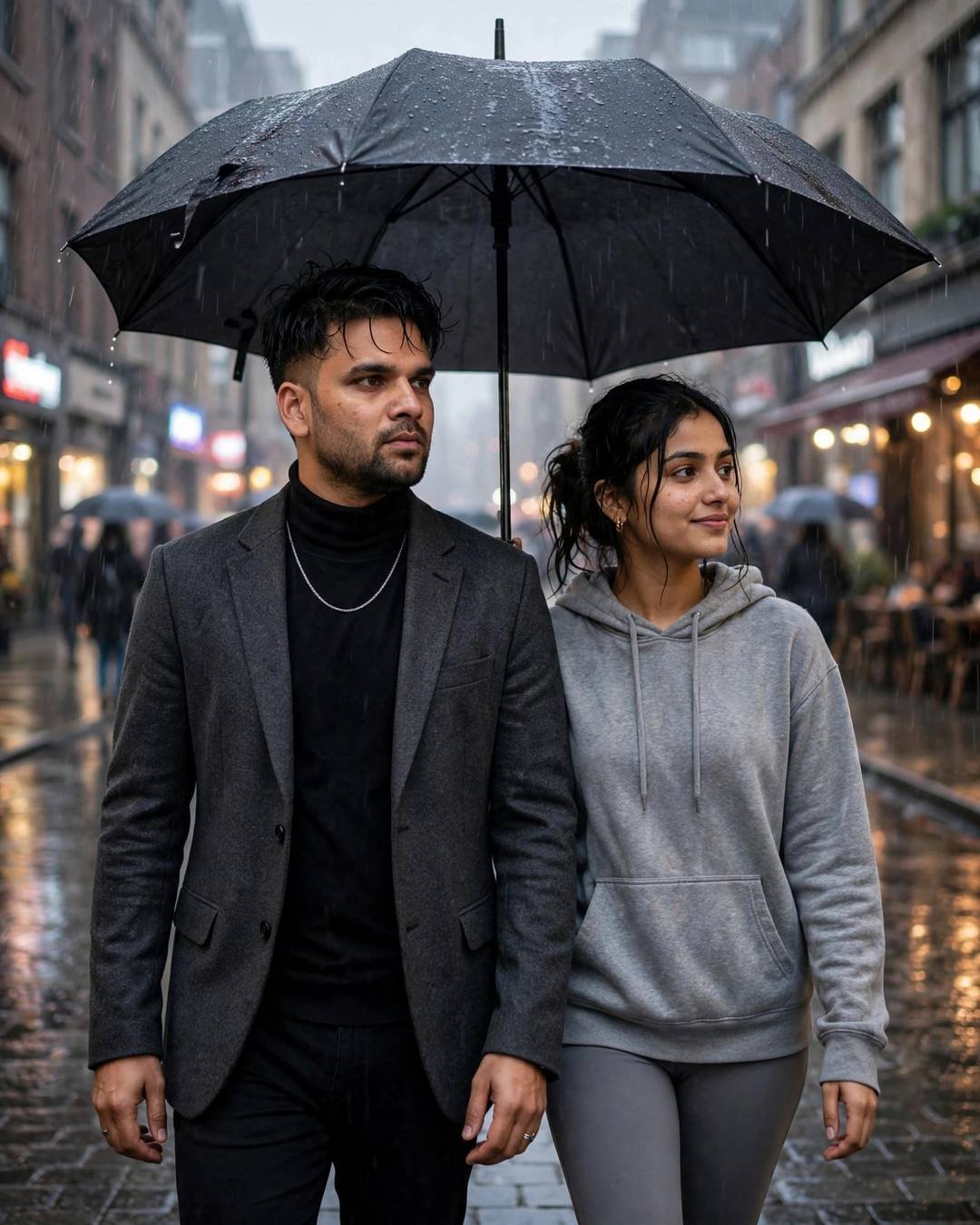 Couple walking under one umbrella on a rain-soaked street, shoulders touching