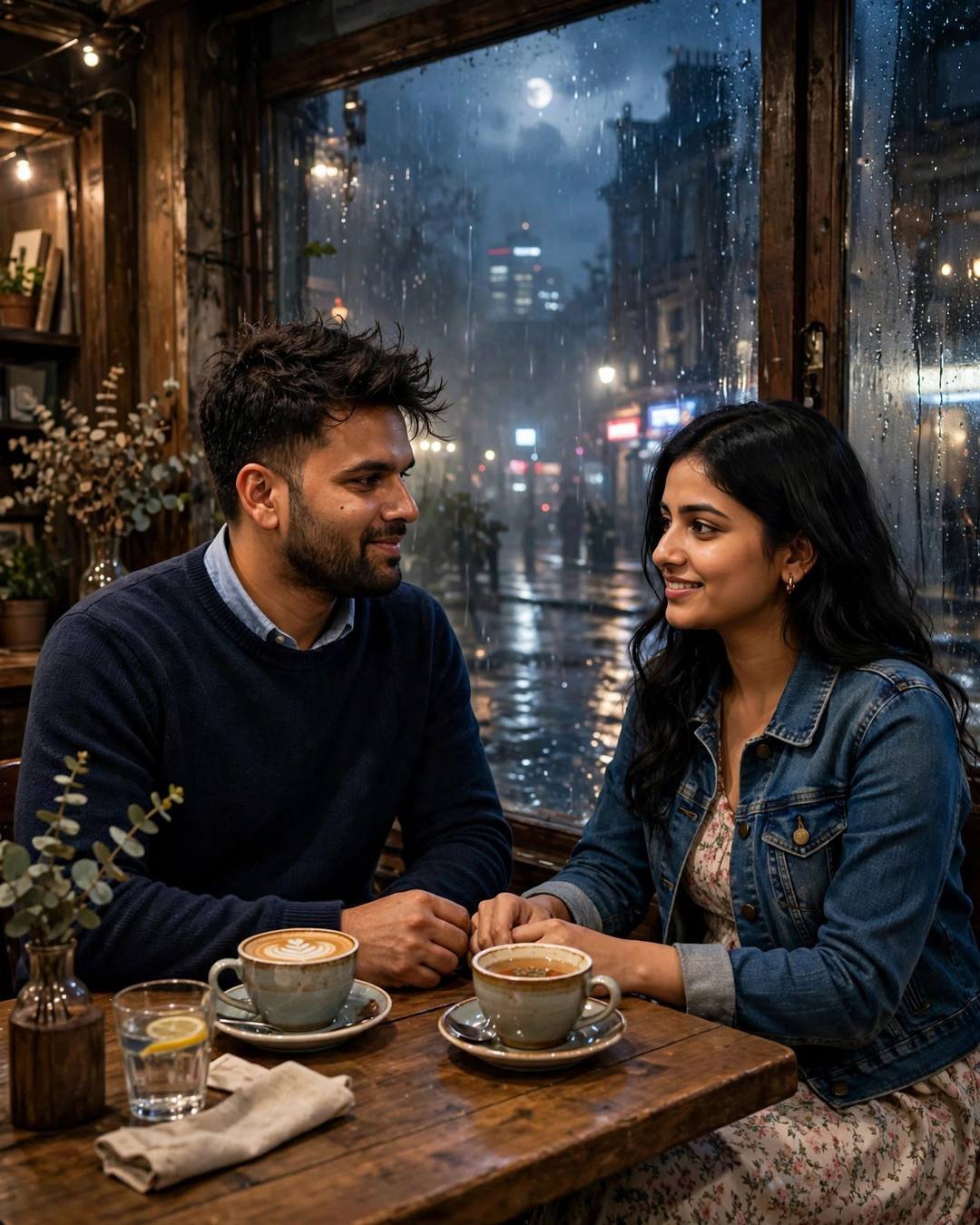 Couple sharing coffee at a café table at midnight, moon glowing through rain-streaked windows