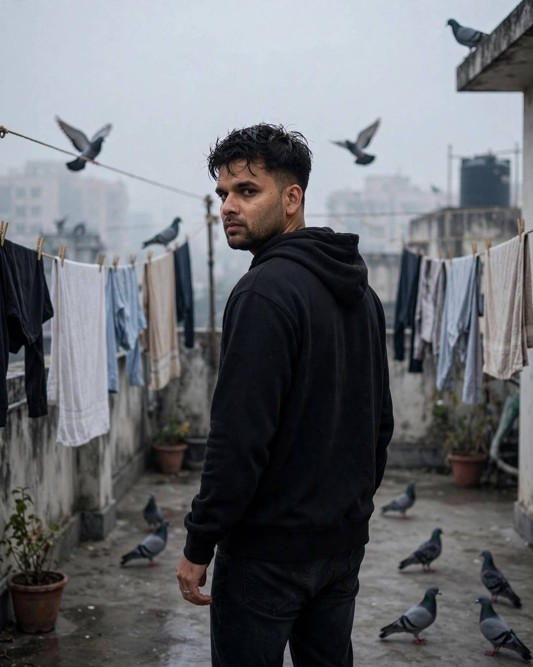 Young Indian man in black hoodie walking away on a dawn rooftop terrace with drying clothes and pigeons, glancing back at the camera