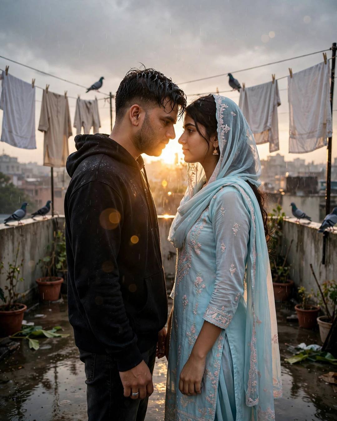 Young Indian couple standing face to face on a rainy terrace with clotheslines and pigeons, foreheads almost touching, golden backlight with lens flare