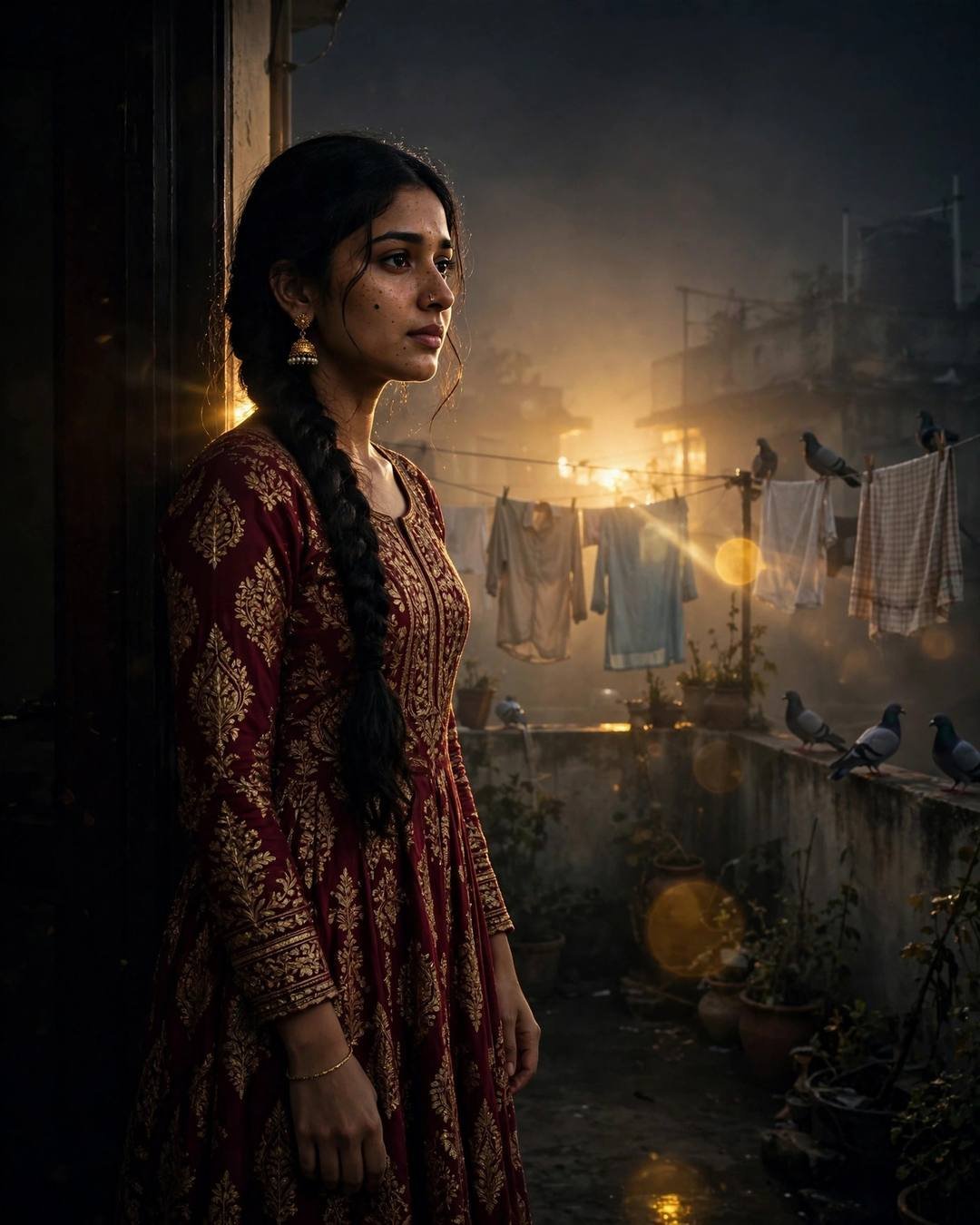 Young Indian woman in maroon anarkali with jhumkas standing in a doorway, golden fog and lens flare over a terrace with clotheslines and pigeons