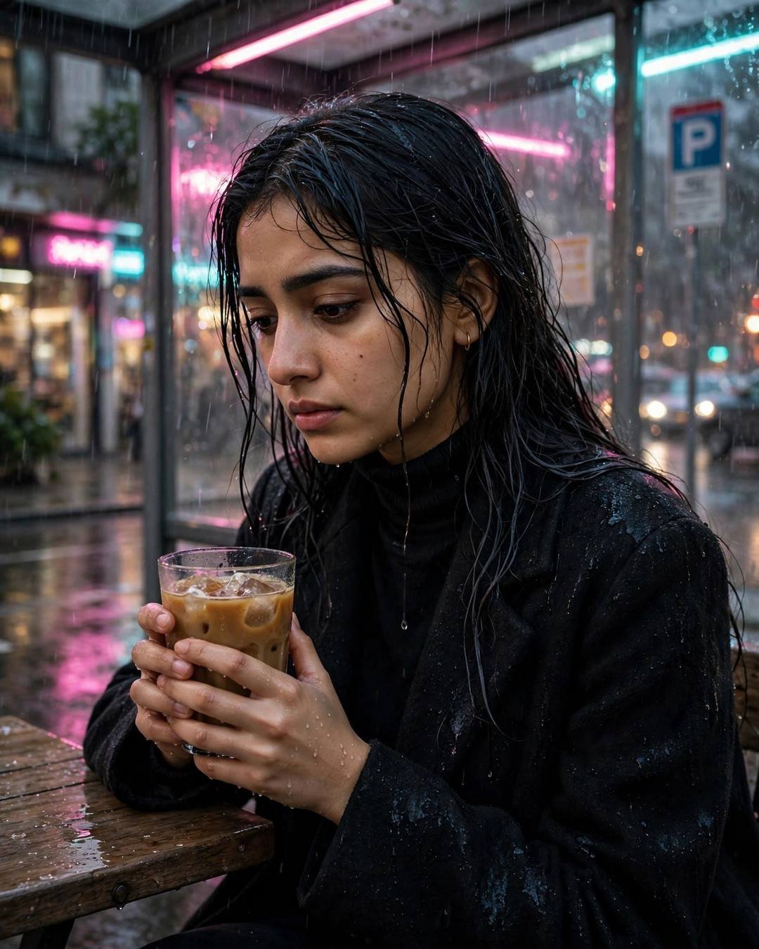 Young Indian woman with wet hair in black turtleneck cradling iced coffee at a rainy bus stop under neon pink and cyan light