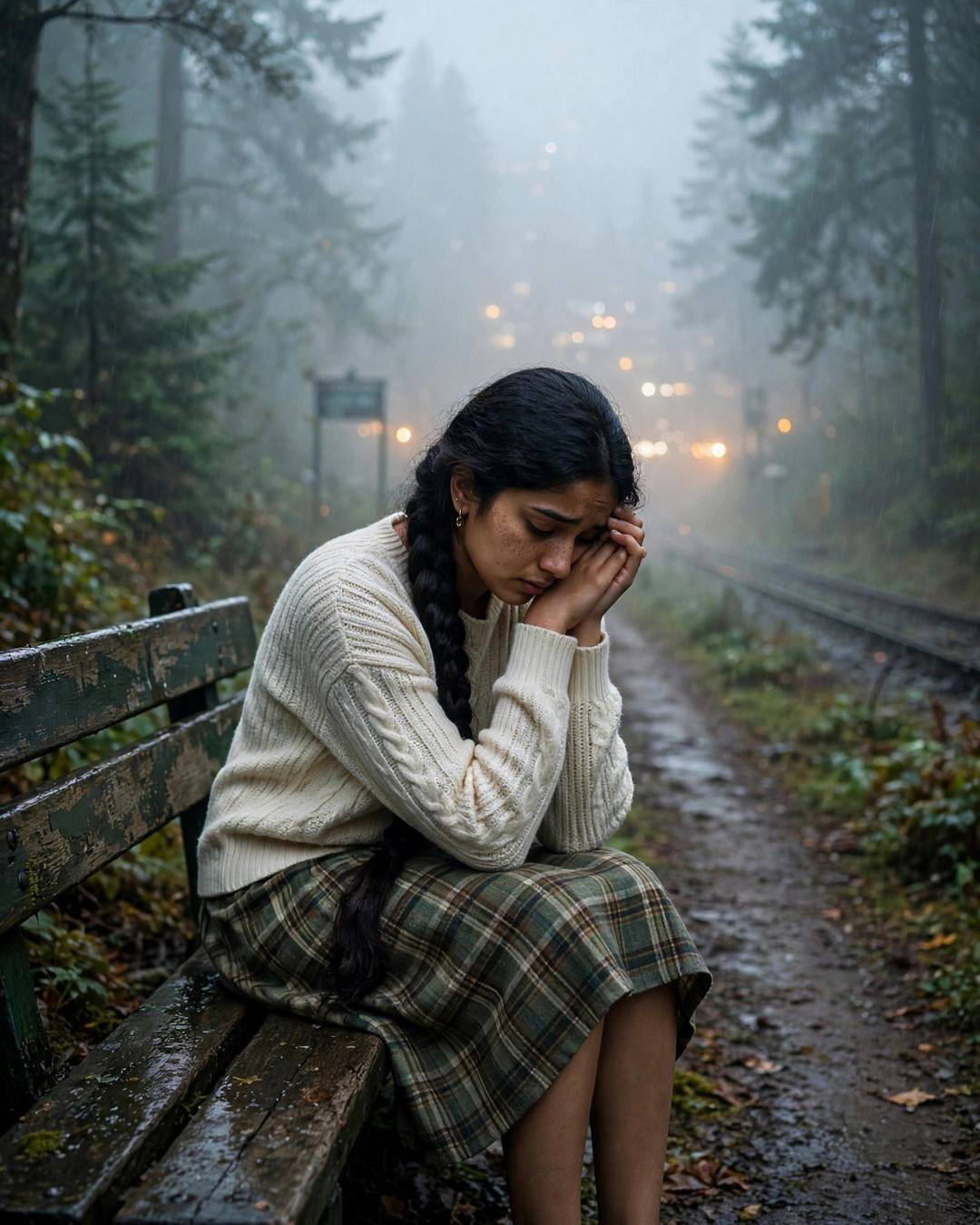 Young Indian woman in cream knit top and plaid skirt sitting on a misty forest bench with head in hands at dawn