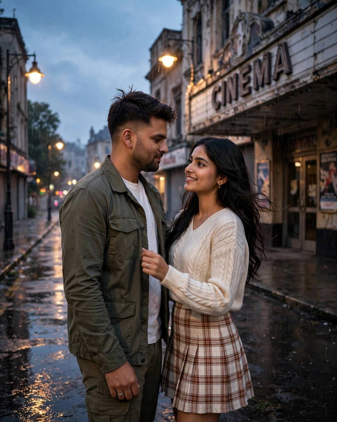 Couple standing close on a rainy street at golden hour outside an old cinema, gazing at each other