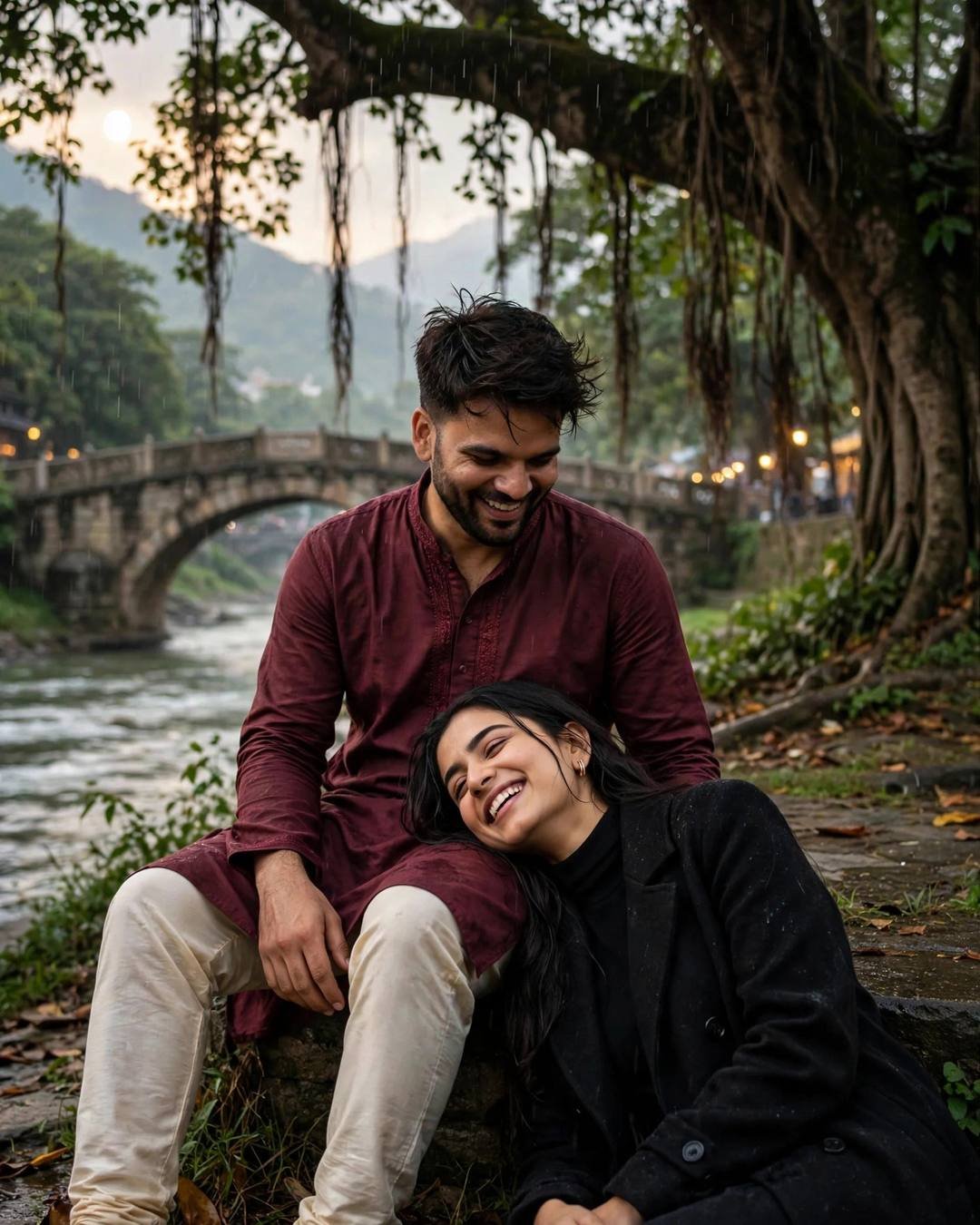 Couple laughing together on riverbank steps under a banyan tree, her head in his lap, old bridge behind
