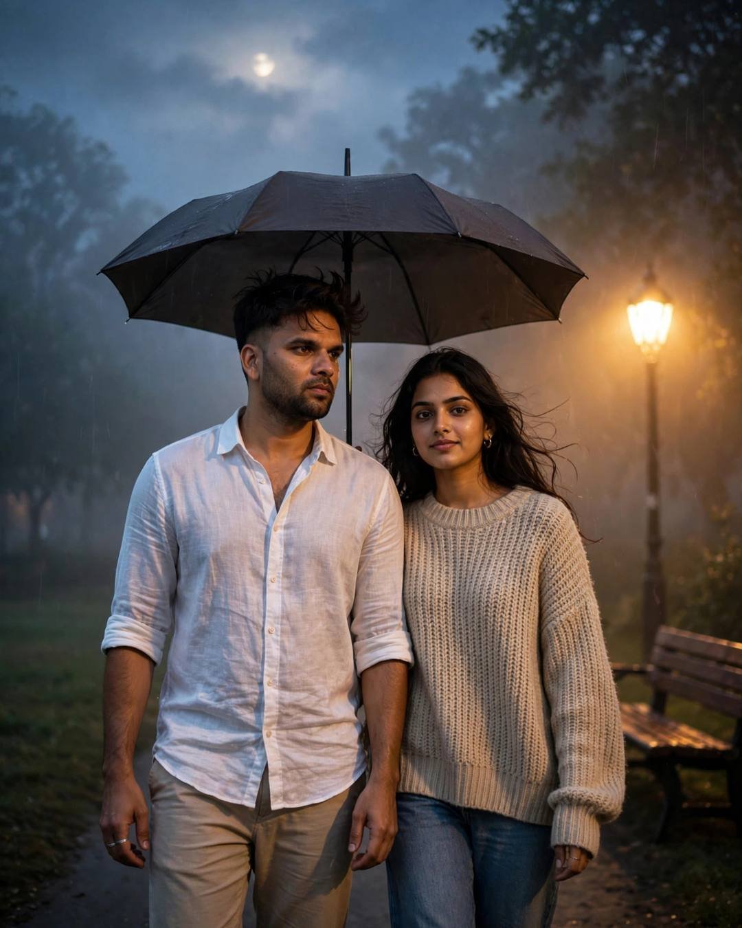 Couple walking under one umbrella through a foggy lamplit park, shoulders touching