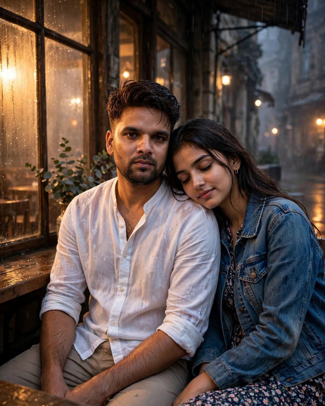 Couple sitting close on a bench outside a cafe, her head on his shoulder, sharing earphones in the rain