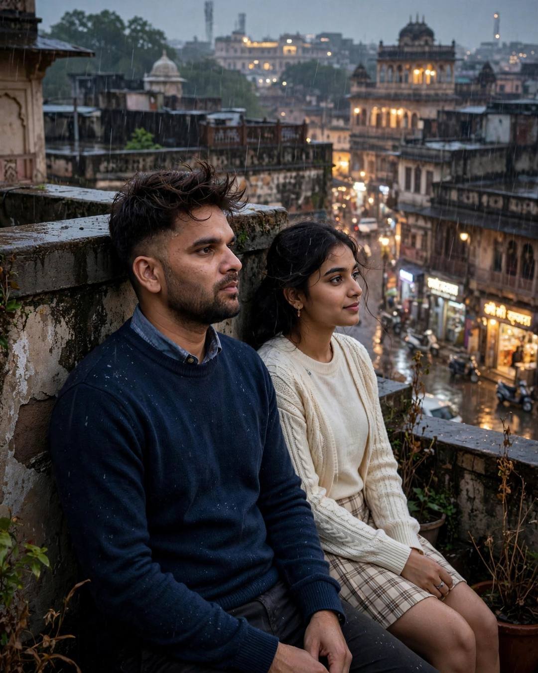 Couple sitting in shared silence on a rooftop above an old heritage city in the rain