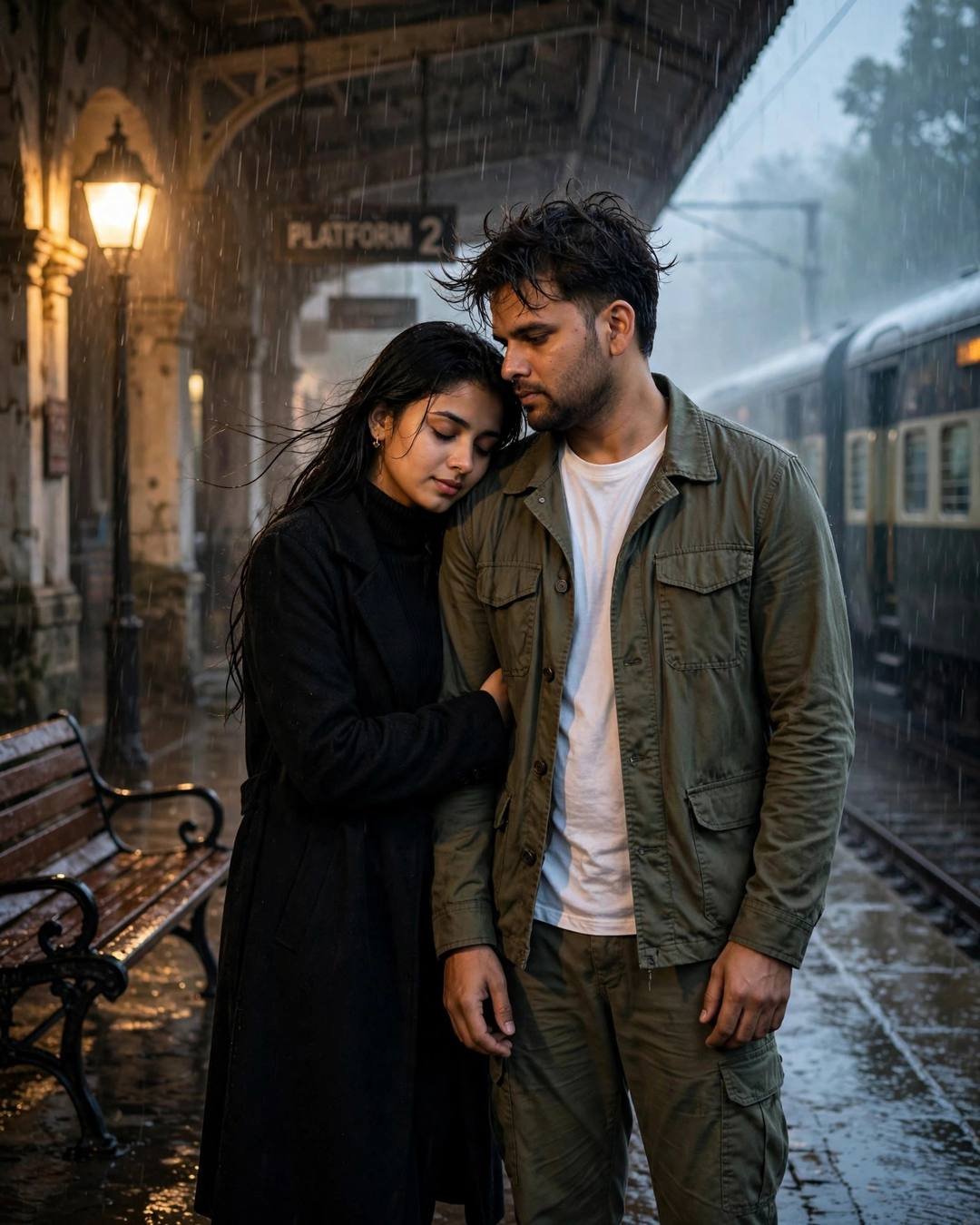 Couple hugging under a single lamp on a rain-wet station platform, train glowing behind