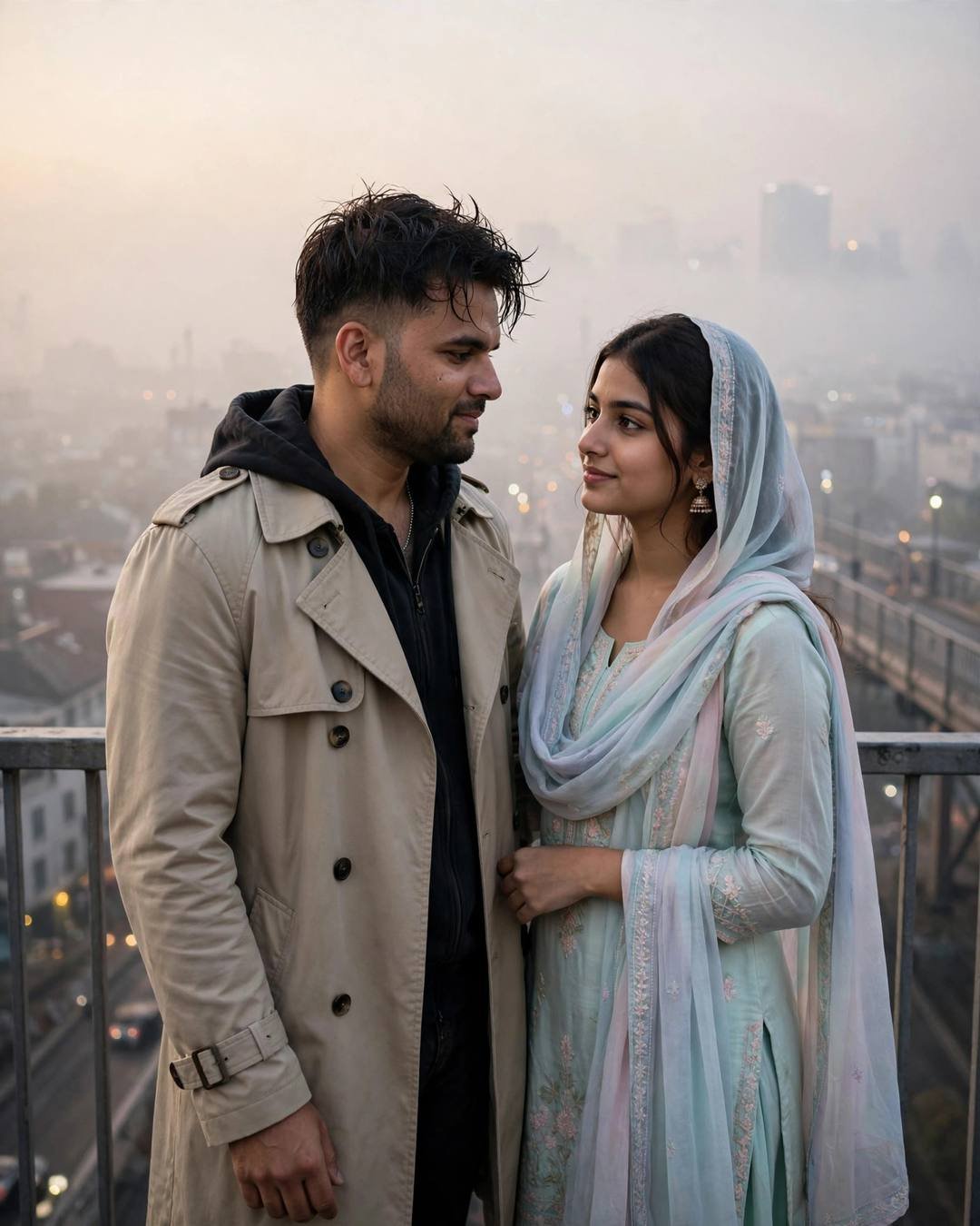 Young Indian man in a beige trench coat and a woman in a pastel salwar-kameez holding a lingering gaze on a foggy bridge at dawn