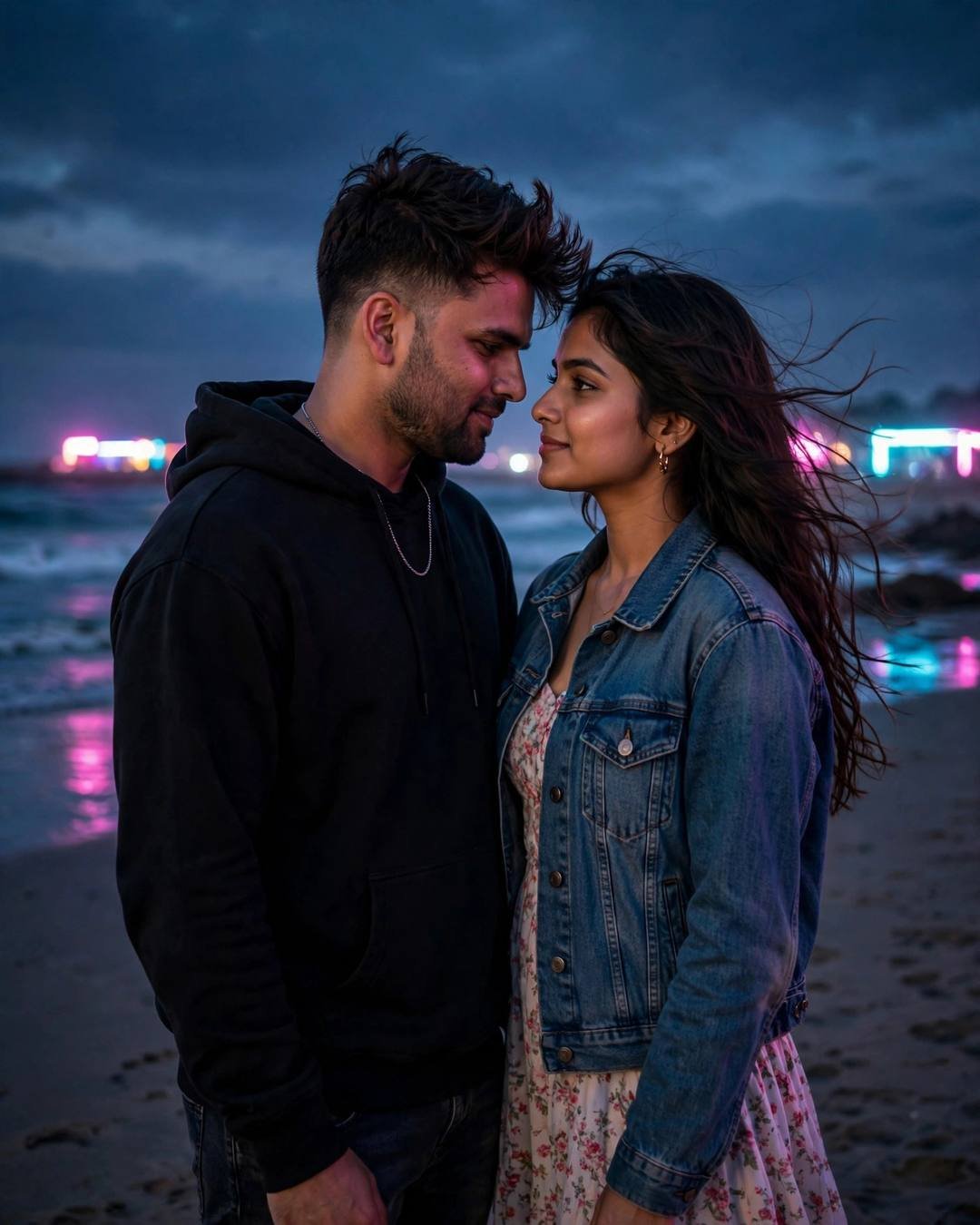 Young Indian man in a black hoodie and a woman in a denim jacket over a floral dress with foreheads almost touching on a neon-lit beach at dusk