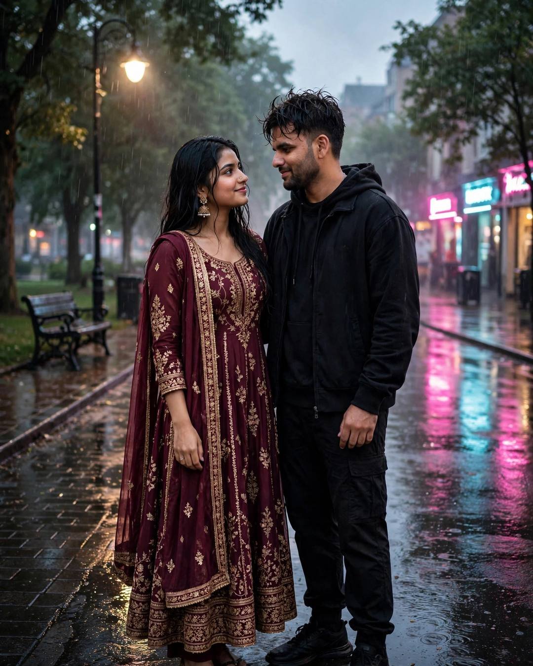 Young Indian man in all-black streetwear and a woman in a maroon anarkali with jhumkas standing close on a rain-wet neon-lit street at night