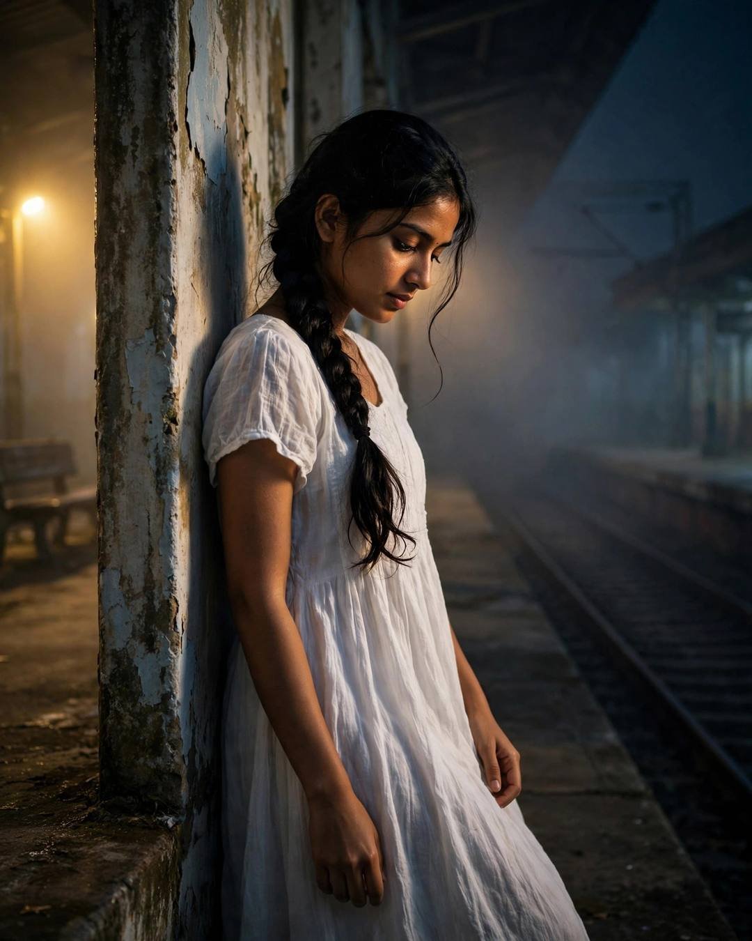 Young Indian woman in a flowing white summer dress with a long braid, leaning against a weathered pillar on a foggy midnight railway platform