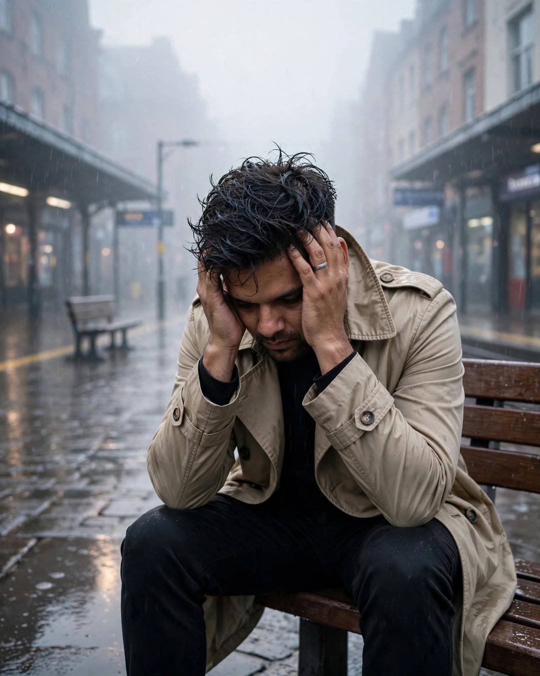 Young Indian man in a beige trench coat sitting alone on a rain-soaked railway station bench with his head in his hands