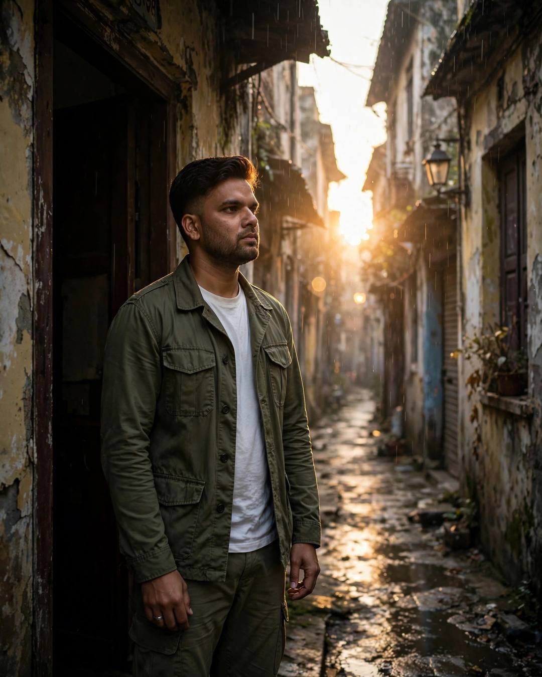 Young Indian man in an olive field jacket standing in a doorway of a narrow old-city lane with golden-hour rain backlight