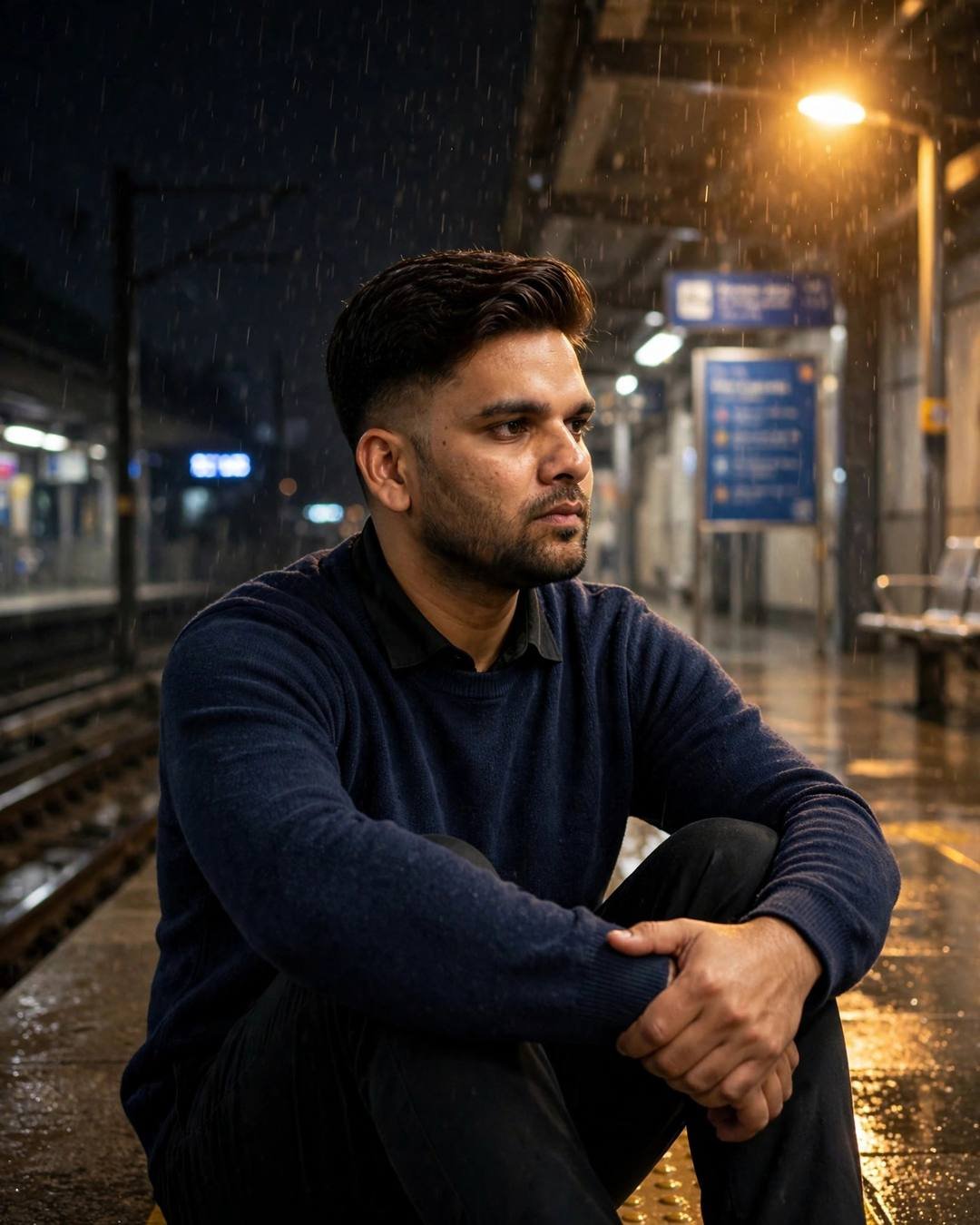 Young Indian man in a navy sweater sitting with knees drawn up on a deserted metro platform at night in the rain