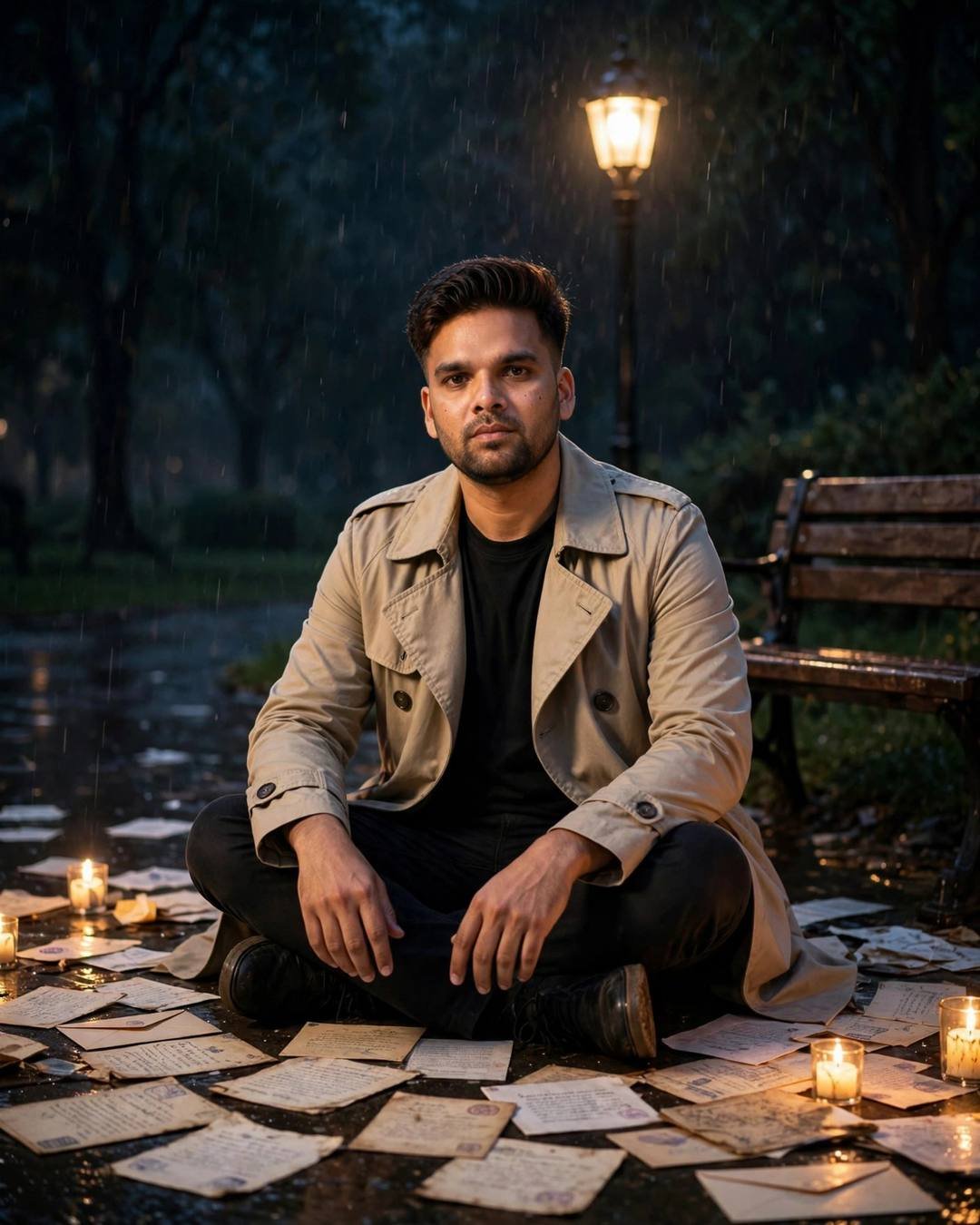 Young Indian man in a beige trench coat sitting cross-legged among old letters and candles in a rainy park at midnight
