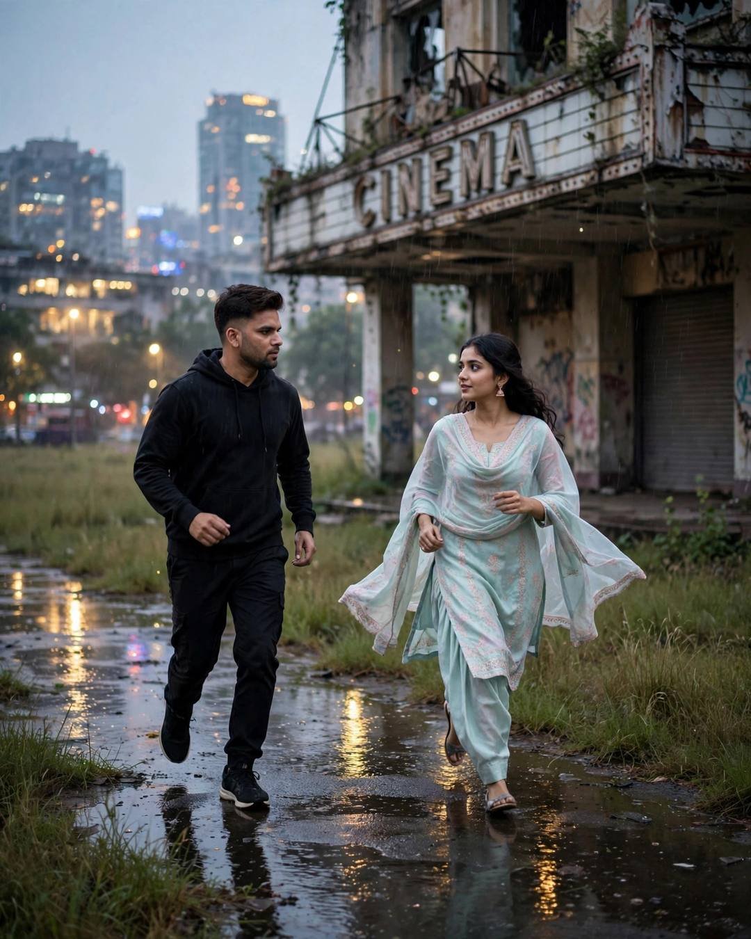 Young couple running toward each other across a rain-soaked field before an abandoned cinema hall at dusk, city lights behind