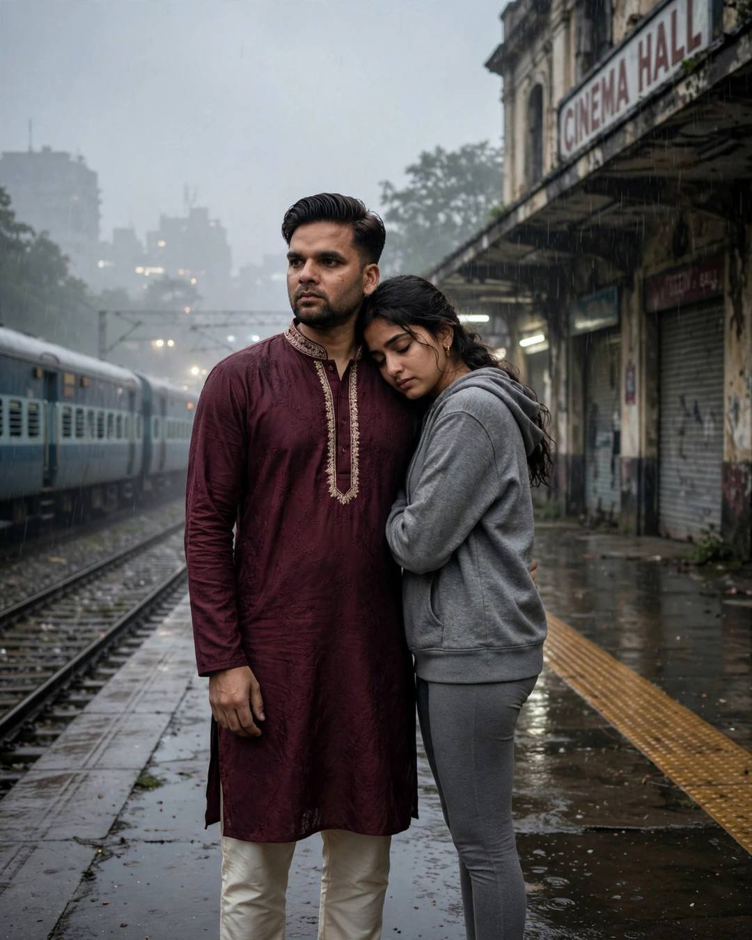 Couple on a rainy railway platform, woman leaning her head on the man's shoulder, train waiting in the mist