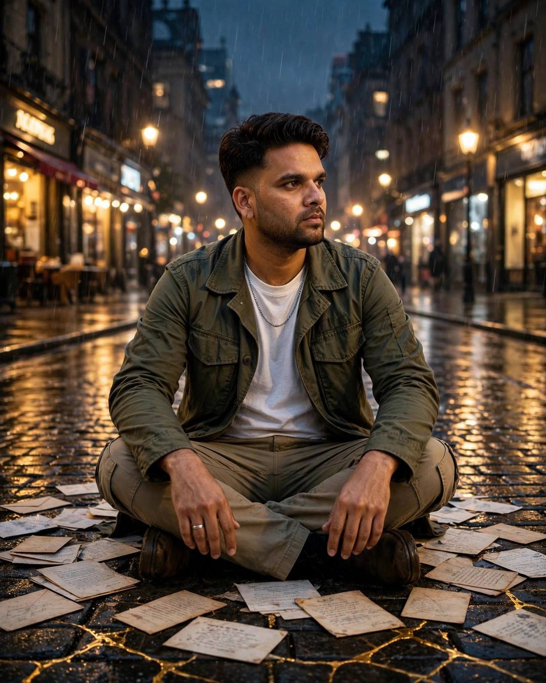 A young Indian man in an olive field jacket sitting cross-legged on a rain-soaked city street at night, old letters around him, golden cracks glowing in the asphalt