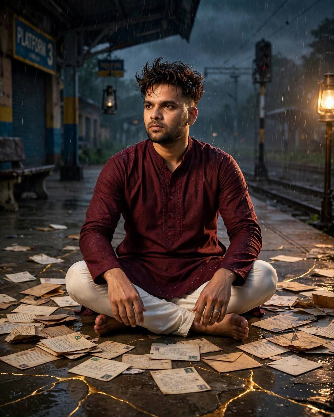 A young Indian man in a maroon kurta sitting cross-legged on a rainy railway platform at night, old letters around him, golden cracks glowing in the concrete