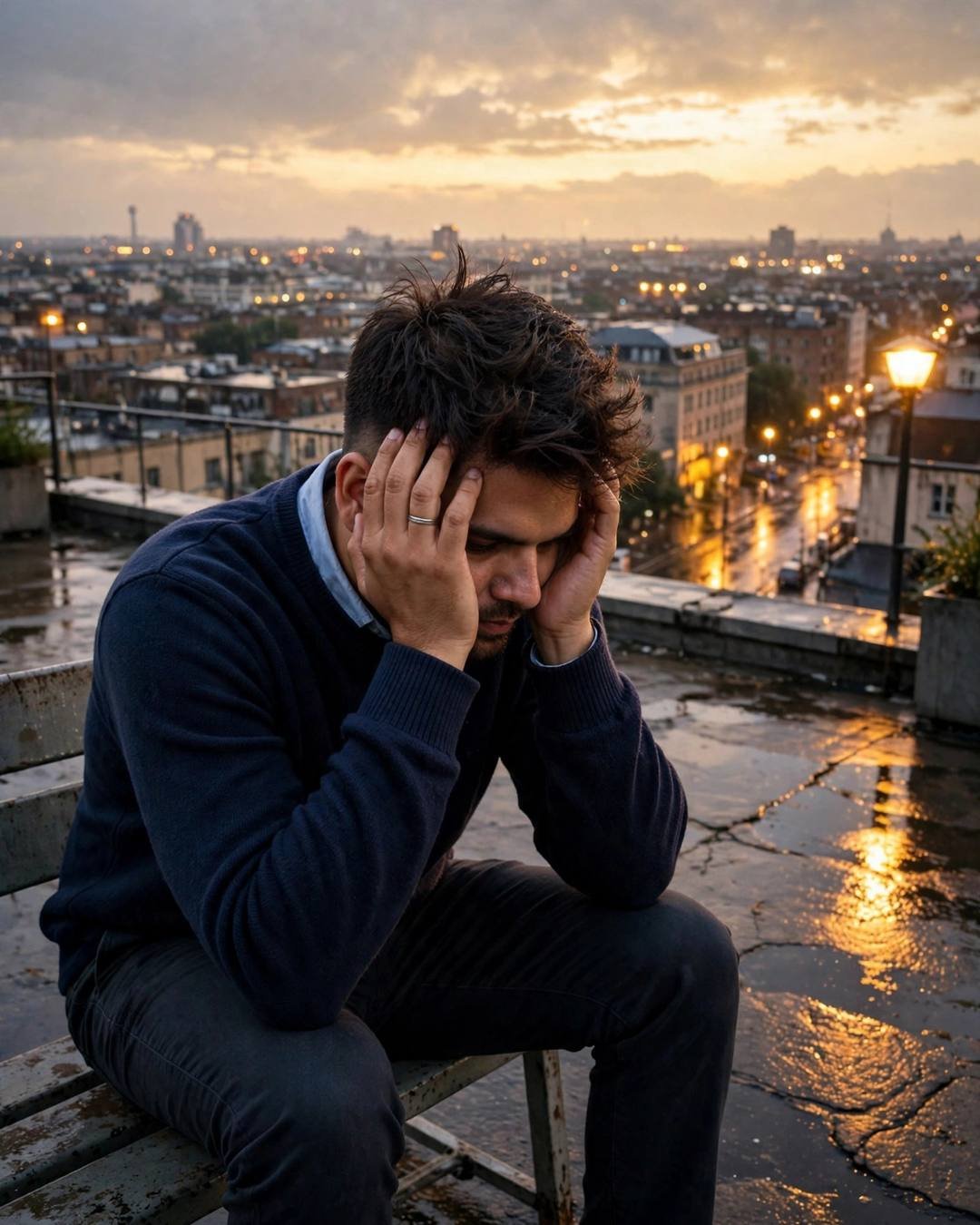 A young Indian man in a navy sweater sitting on a rooftop bench at golden hour with his head in his hands, city lights behind