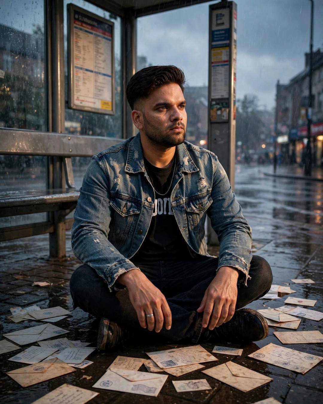 A young man in a distressed denim jacket sitting cross-legged among old letters at a rainy bus stop at night