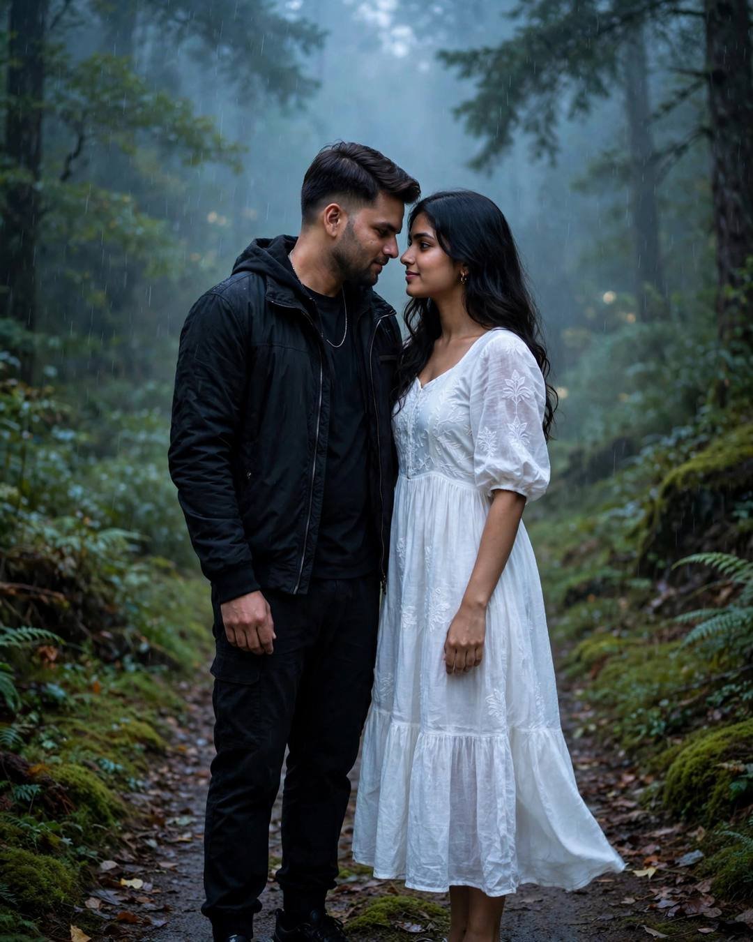 Young Indian couple with foreheads almost touching on a misty forest path — black streetwear, white dress, blue hour