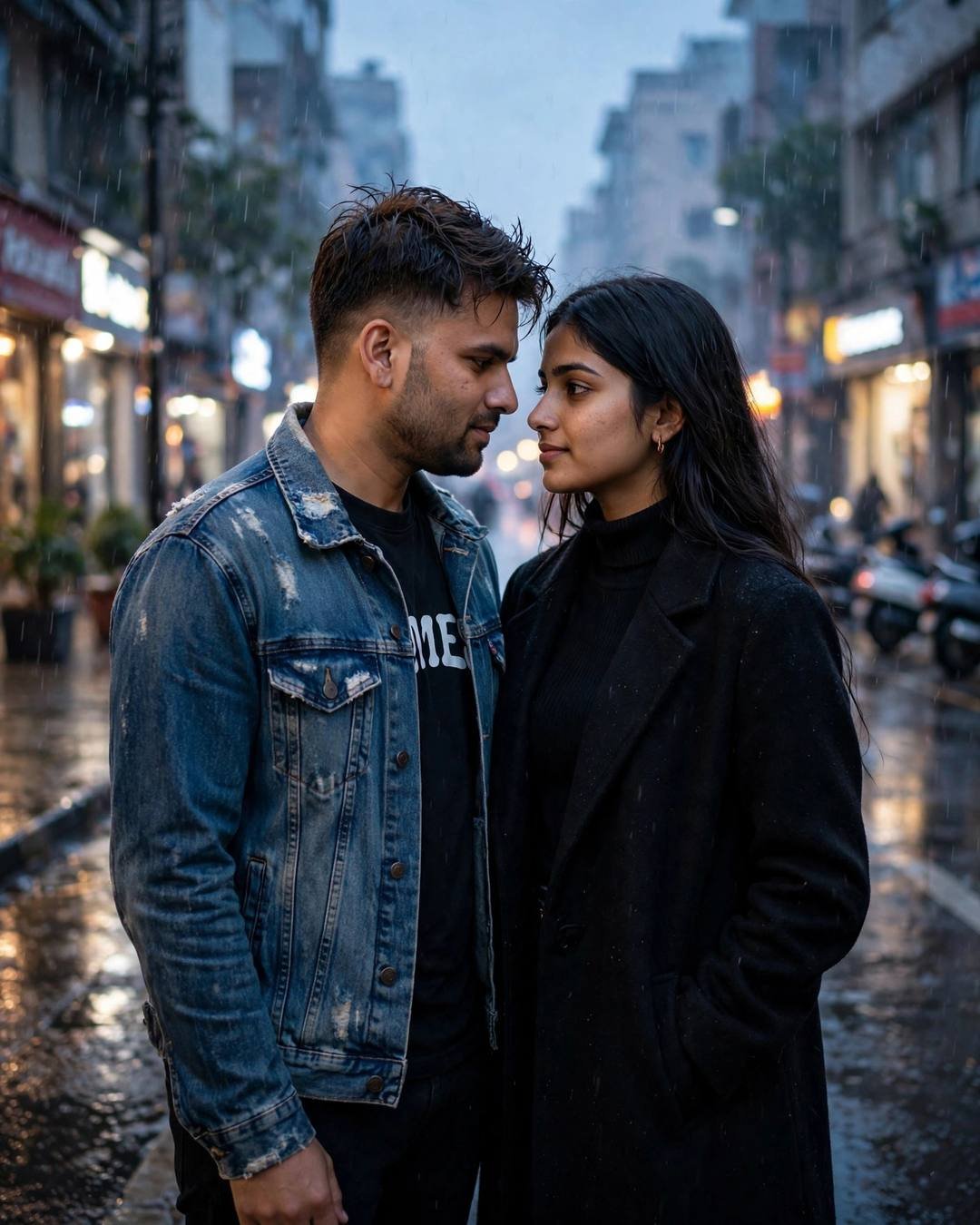 Young couple with foreheads almost touching on a rain-soaked city street at blue hour
