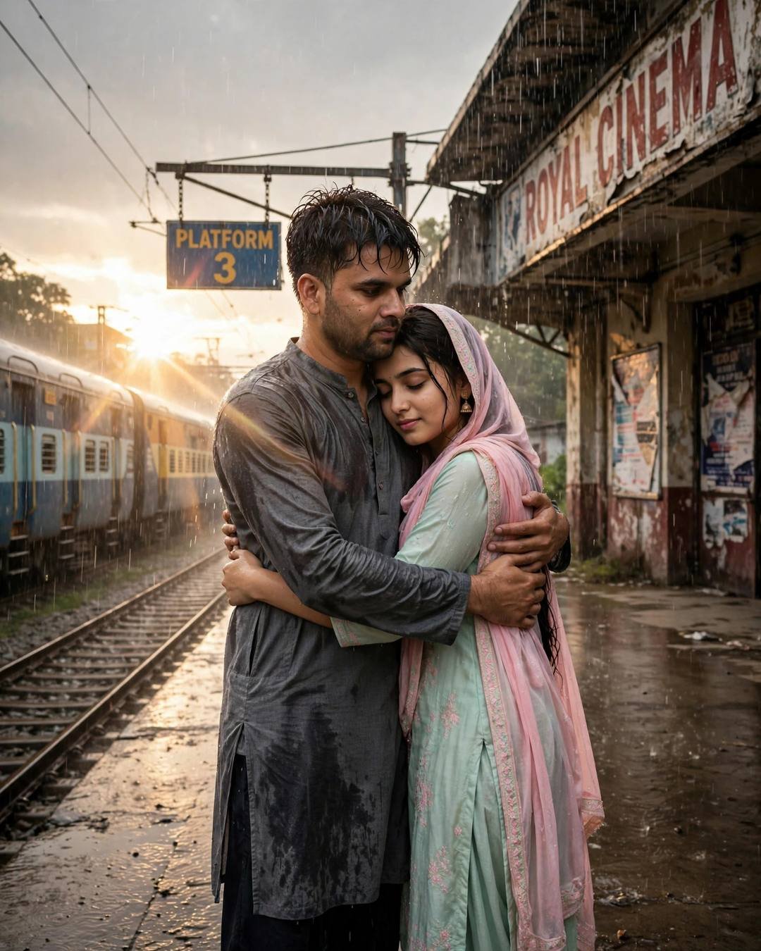 Young couple embracing on a rainy railway platform at golden hour with a train waiting and lens flare