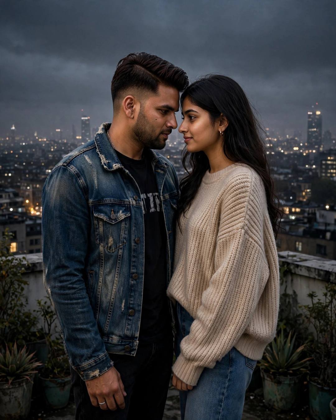 Young couple with foreheads almost touching on a rooftop overlooking a sleeping city at midnight