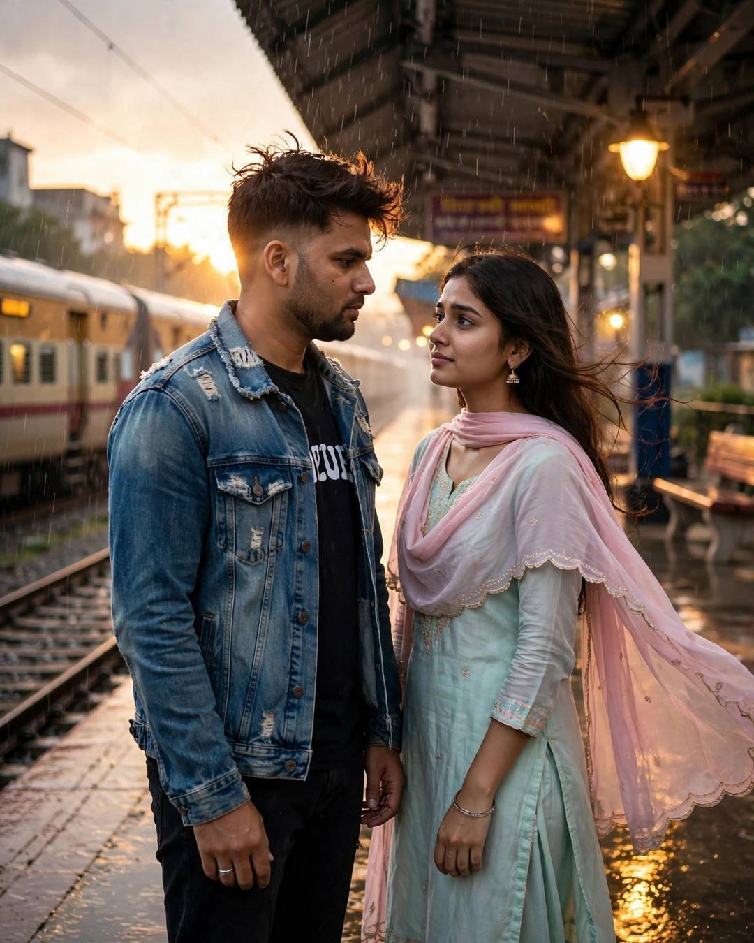Young couple standing face to face on a railway platform at golden hour in drizzle, looking into each other's eyes