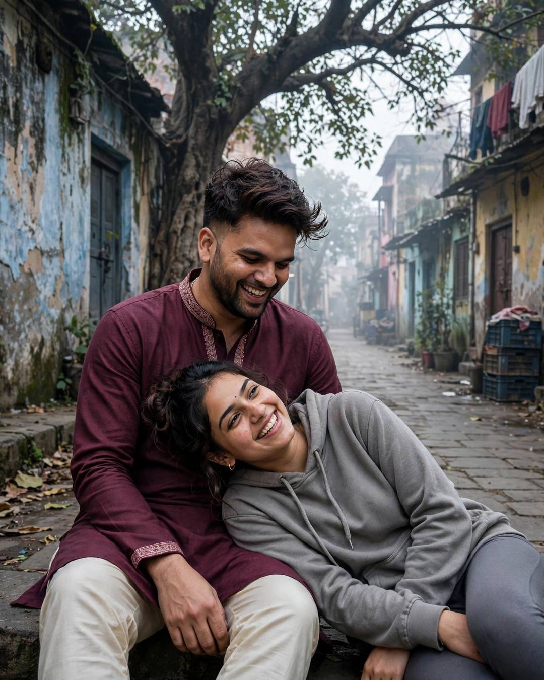 Young couple laughing together on stone steps in an old-city lane, her head resting in his lap