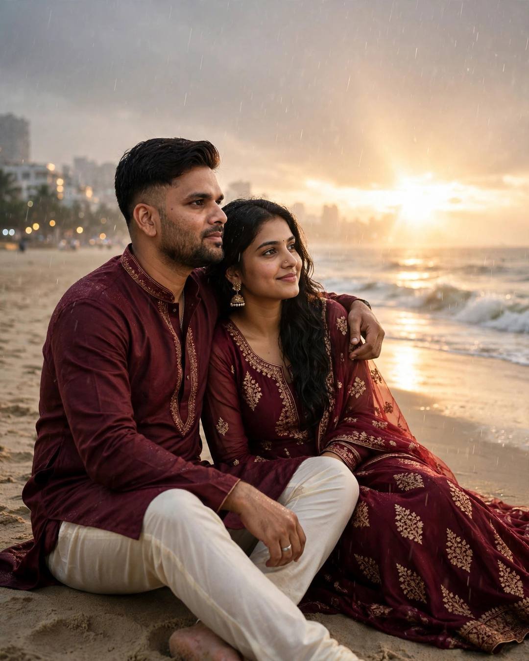 Young couple in matching maroon outfits sitting on a beach at golden hour, his arm around her