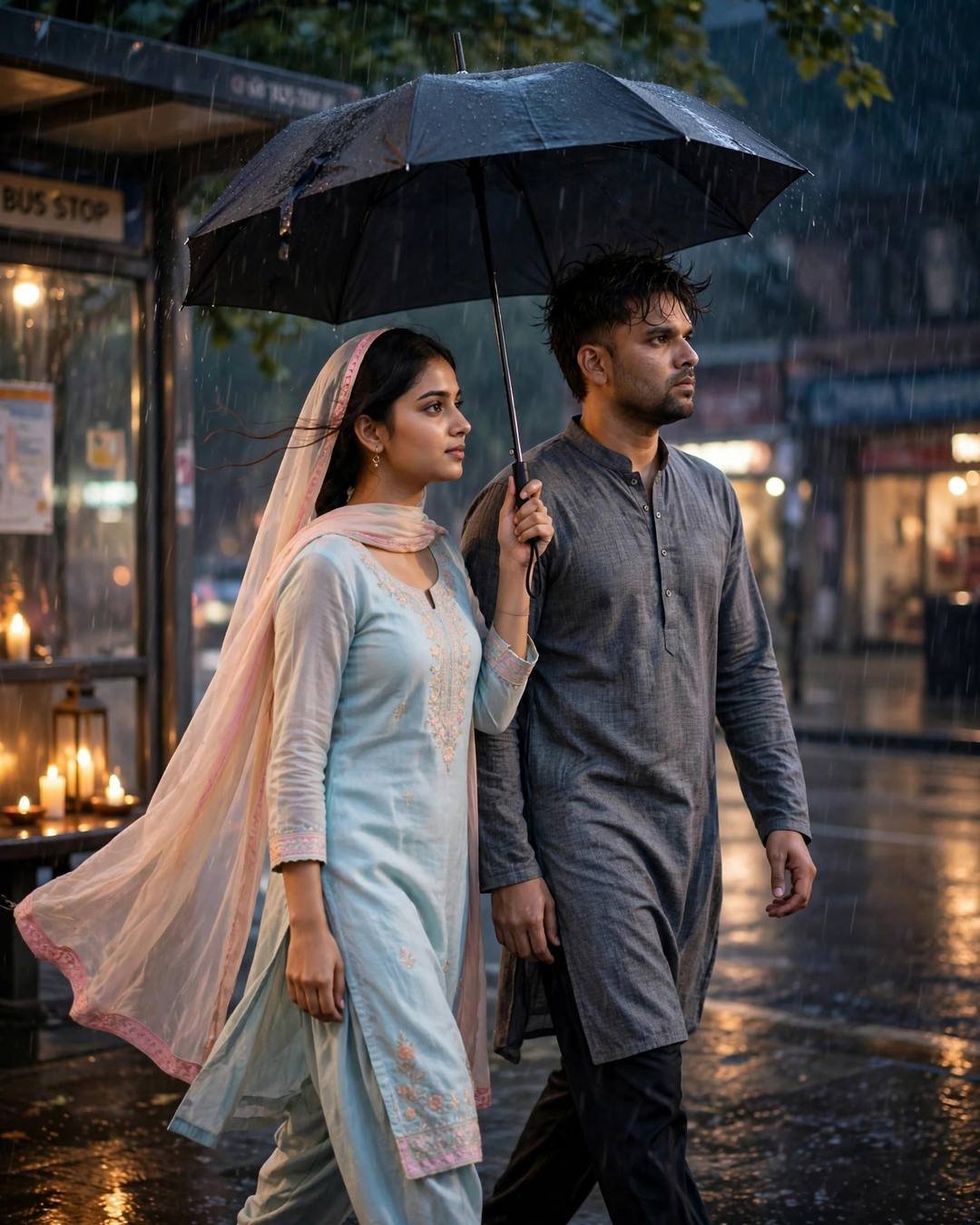 Young couple walking under one umbrella in evening rain past a candlelit bus stop