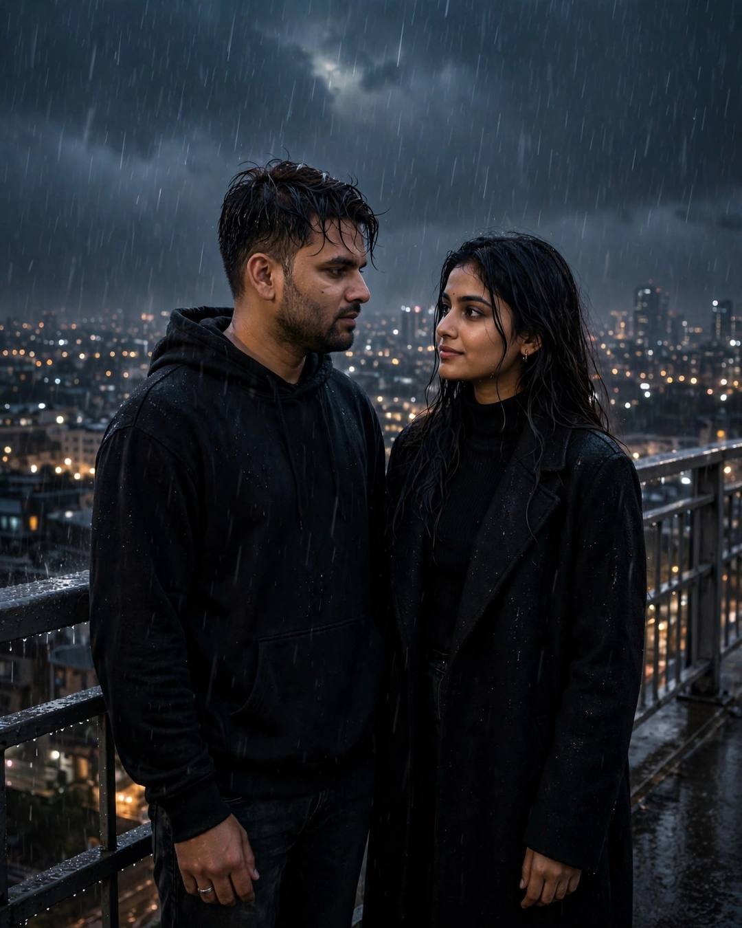 Young couple standing face to face in heavy rain on a rooftop above city lights at midnight