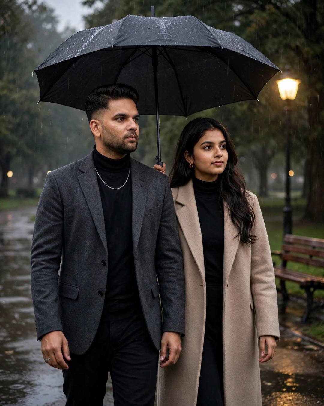 Young couple walking side by side under one umbrella in a rainy park under a street lamp
