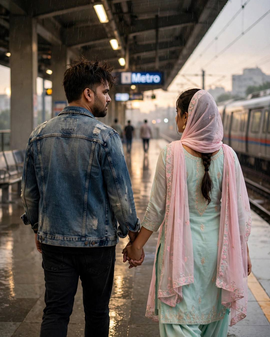 A couple walking hand in hand through a rainy metro station at golden hour, him in a denim jacket and her in a pastel salwar-kameez