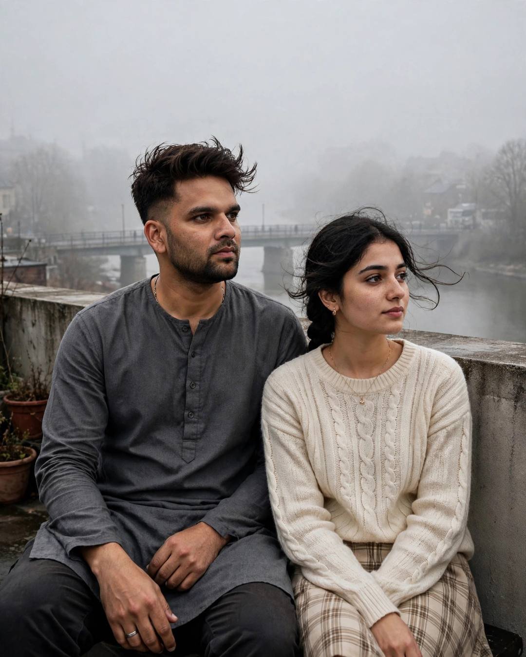 A couple sitting side by side on a foggy rooftop, him in a grey kurta and her in a cream knit top, sharing a comfortable silence