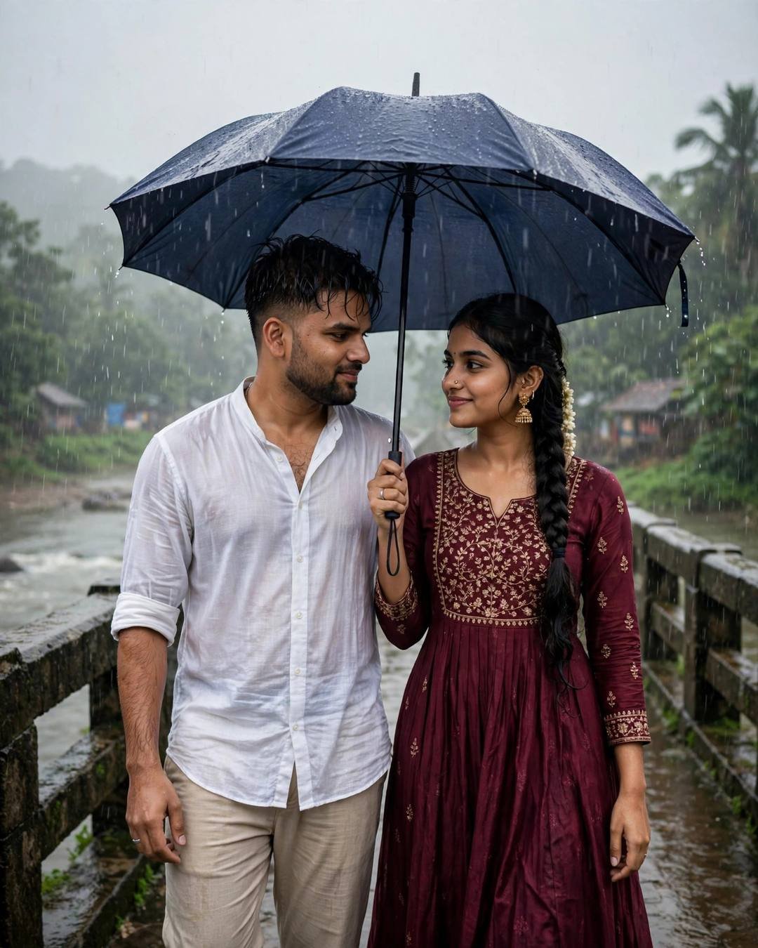 A couple side by side under one umbrella on a rainy bridge over a river, him in a white linen shirt and her in a maroon anarkali