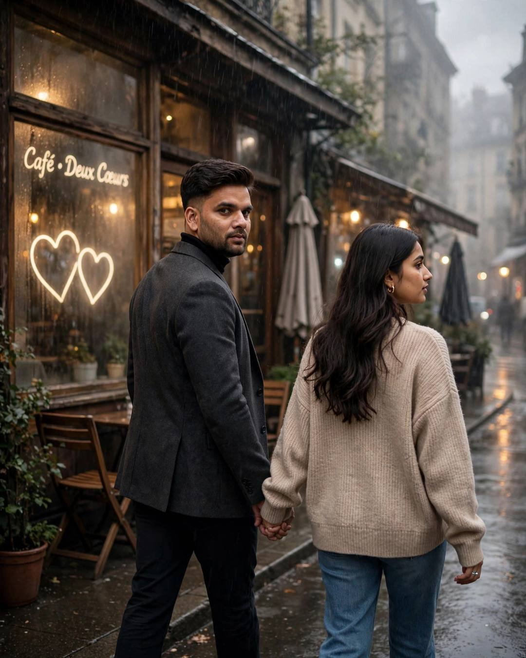 A couple walking hand in hand past an old fogged-window cafe in the rain, him in a charcoal blazer and her in a beige sweater