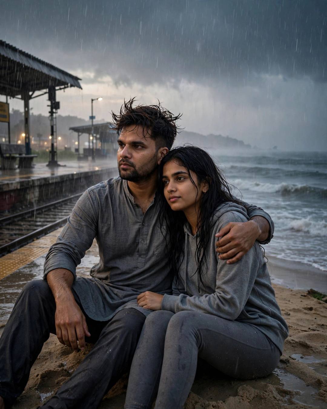 A couple sitting on the sand by the sea in monsoon rain, his arm around her, him in a grey kurta and her in a grey hoodie