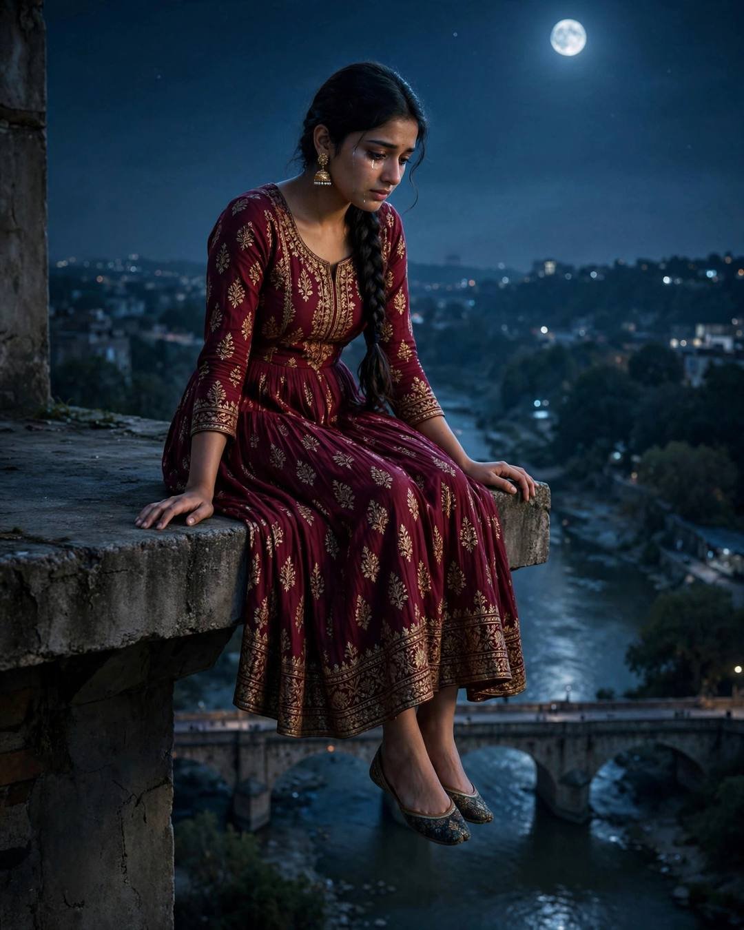 A young Indian woman in a maroon anarkali with a long braid sitting on a moonlit rooftop ledge, singing a lullaby