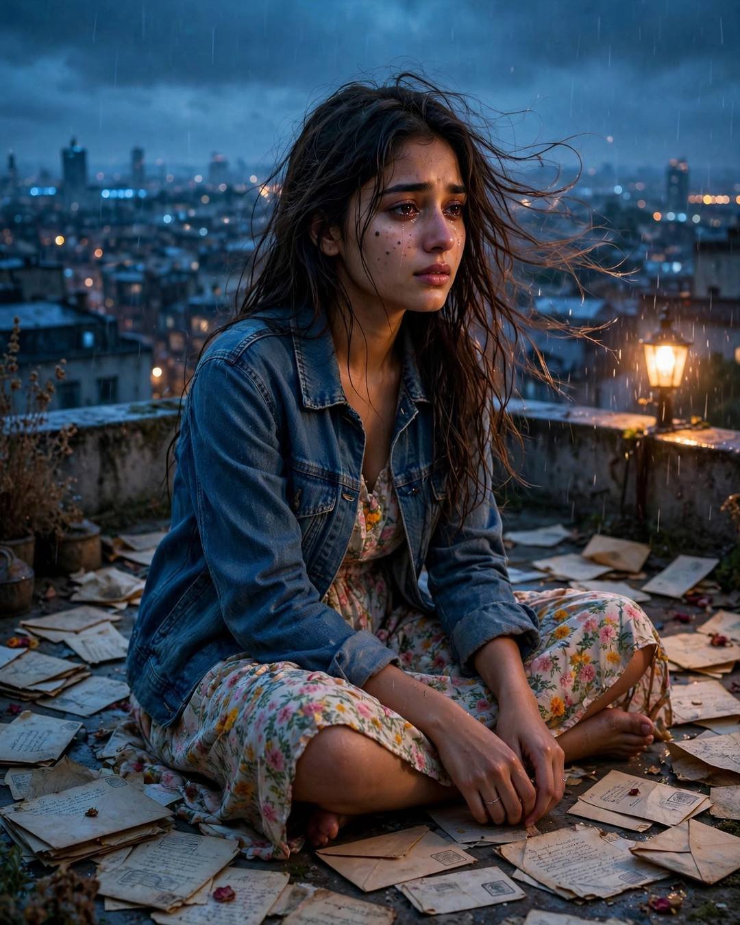 A young Indian woman in a denim jacket over a floral dress sitting cross-legged among old letters on a rooftop at blue hour