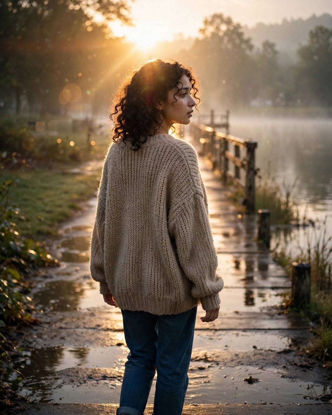 A young woman in an oversized beige sweater walking down a lake pier path at golden dawn