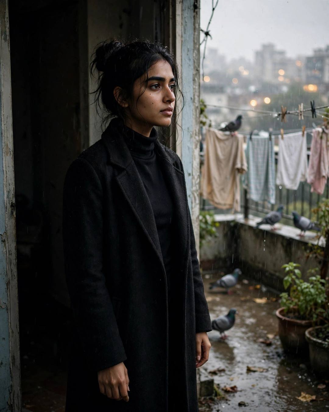 A young Indian woman in a black turtleneck and long coat standing in a shadowed doorway, a rainy terrace with clothes lines and pigeons behind