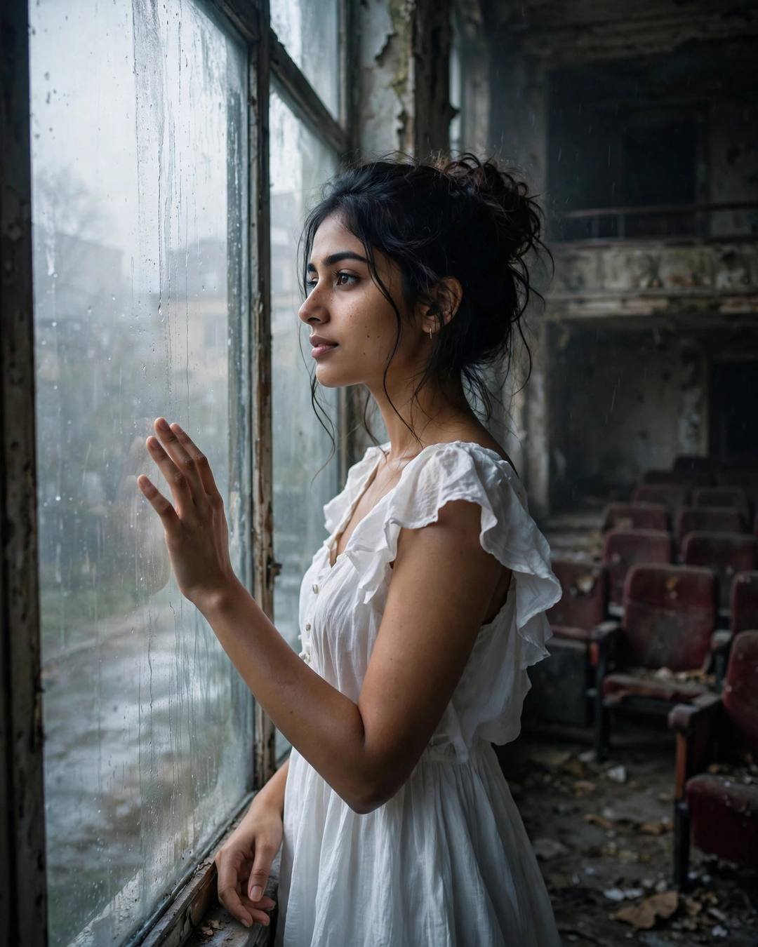 A young Indian woman in a white summer dress standing at a rain-streaked window in an abandoned cinema hall, one hand on the glass